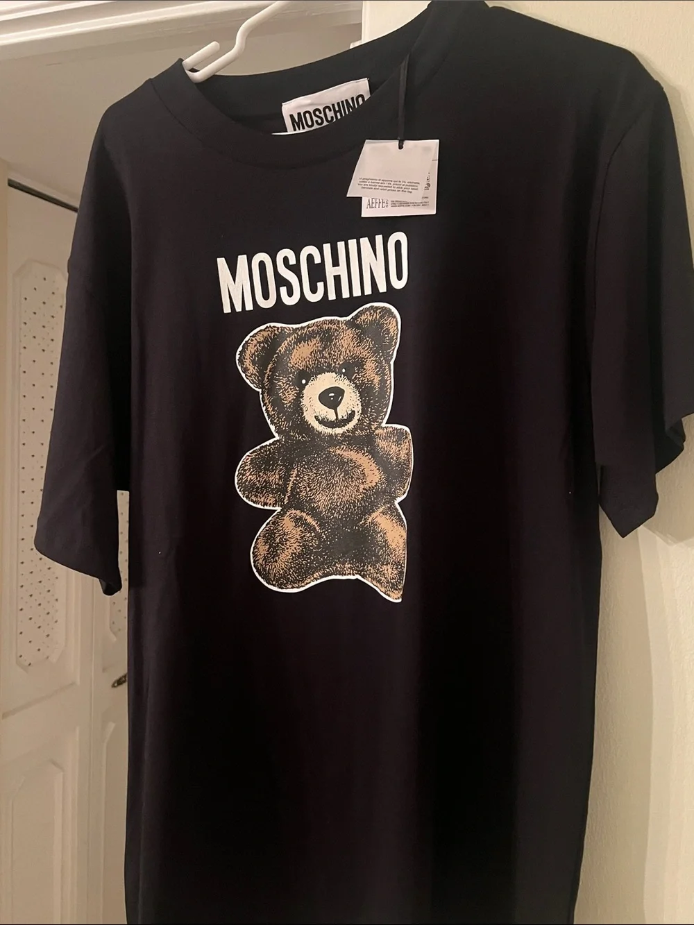 Moschino Black Tee with Brown Teddy Graphic and White Logo
